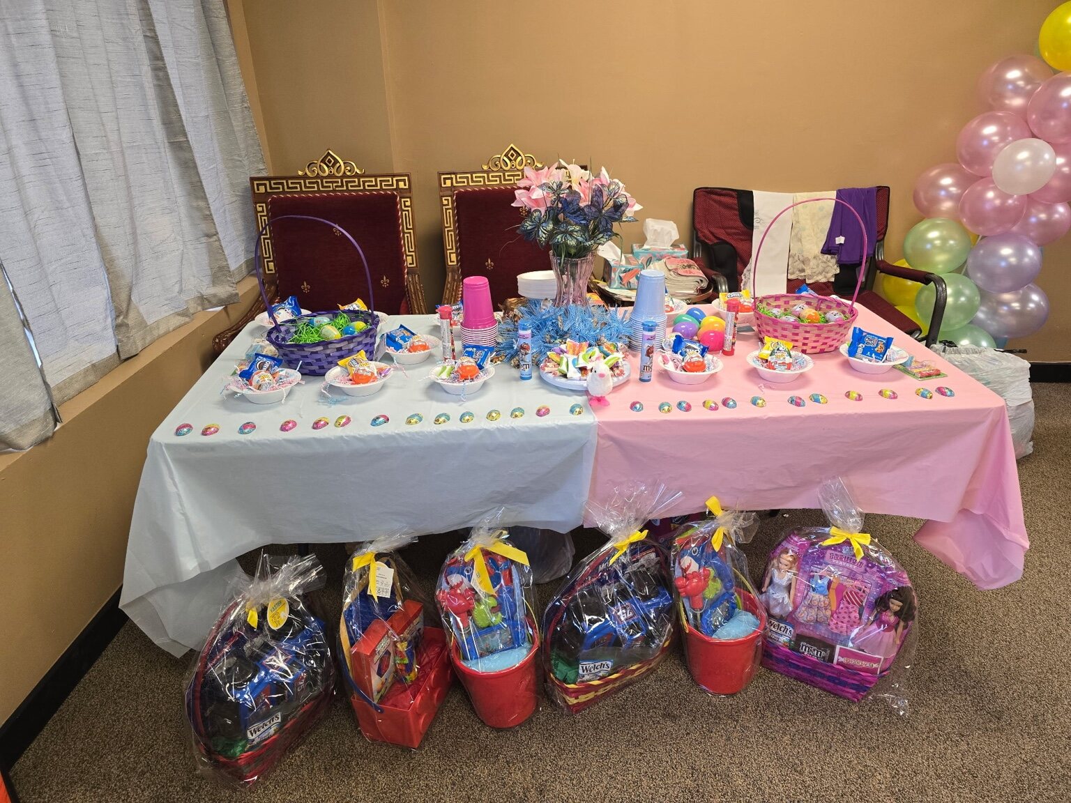Gift baskets and treats prepared for children in the community